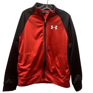 Under Armour Track Jacket Youth Boys Size Large Red Black Full Zip Back Spellout
